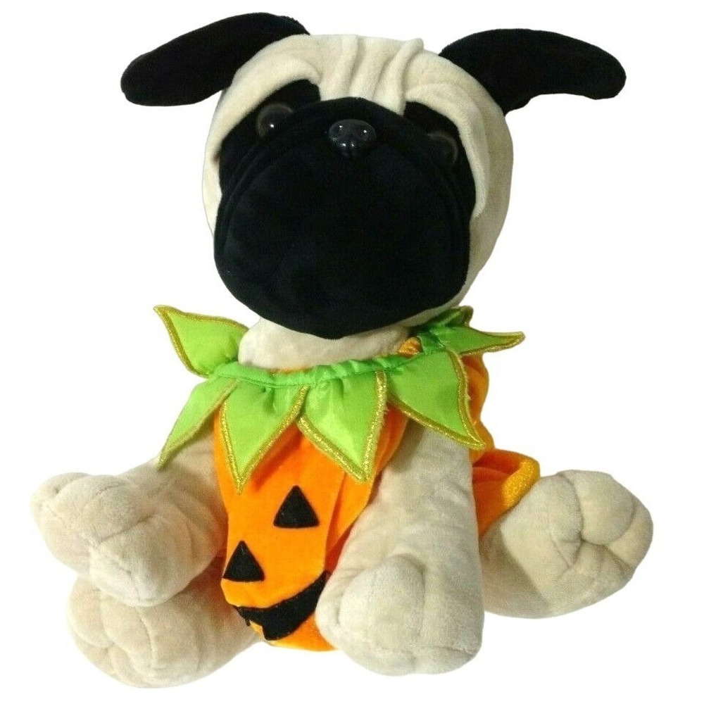 Pug Plush 12" Halloween Pumpkin Costume Stuffed Animal Tan Dog Fall Color Soft